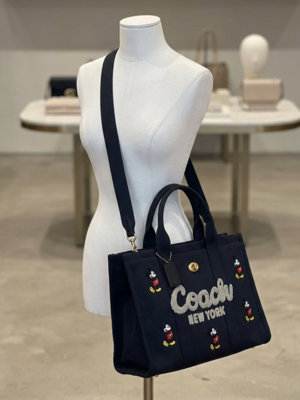 Coach Cargo Tote Bag With Mickey Mouse Black Cotton Canvas Large